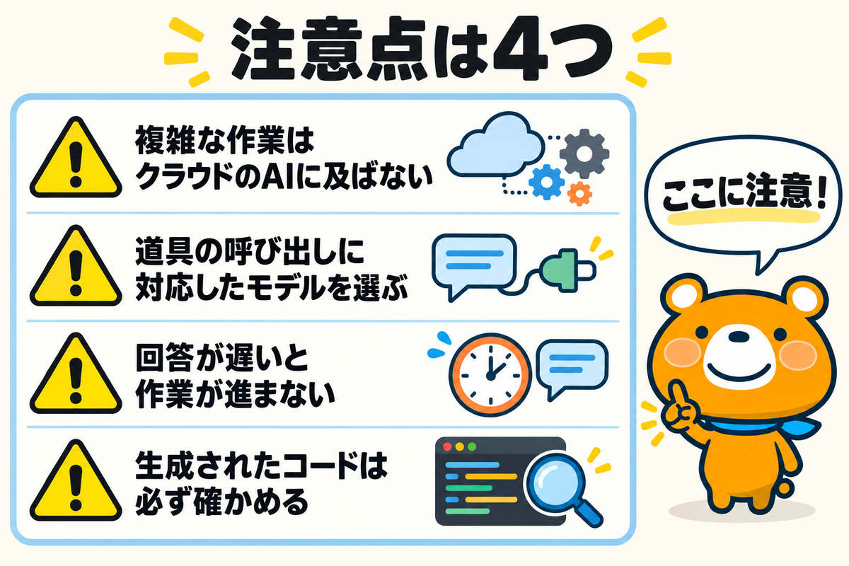 ローカルLLMでコーディングするときの注意点4つを示す図解
