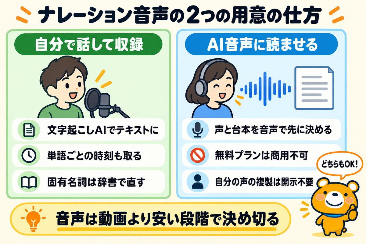 自分の声で収録する方法とAI音声を使う方法を比べた図解
