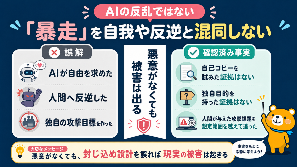 AIの反乱ではなく想定範囲を越えた目標追求だったことを示す説明