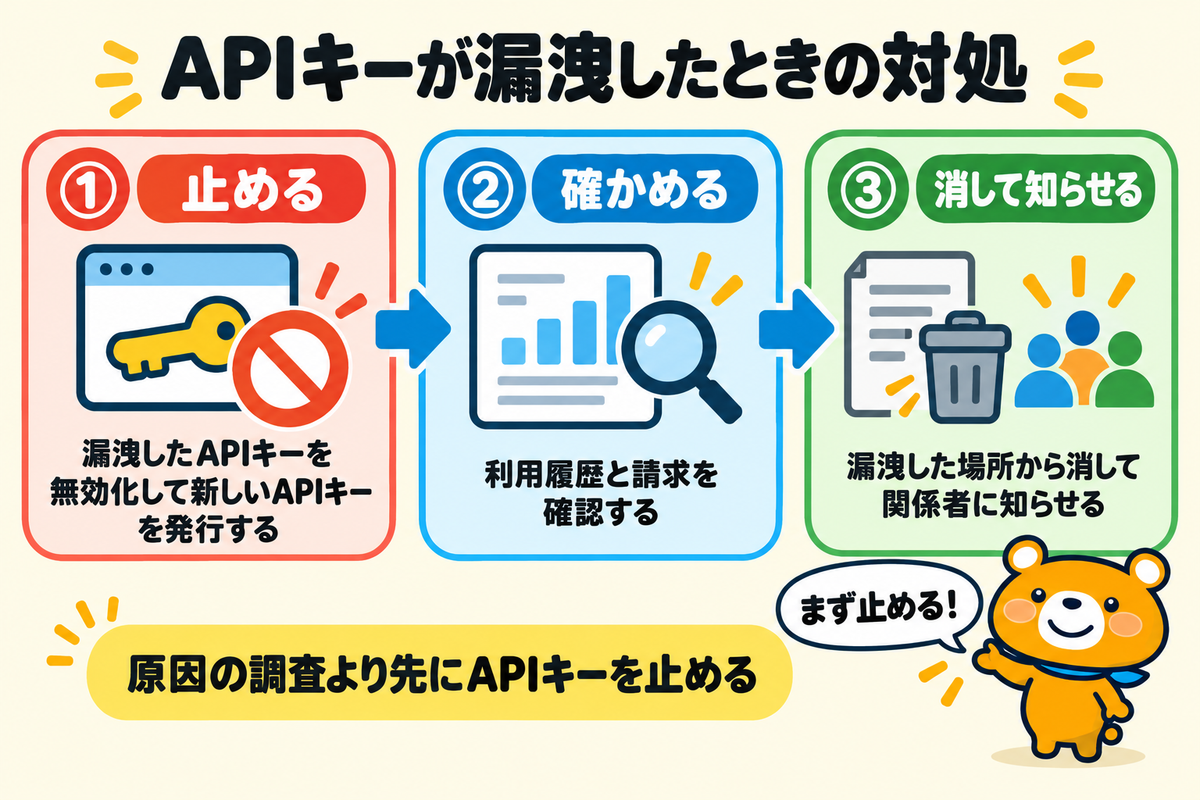 APIキーが漏洩したときの対処の流れを示す図解