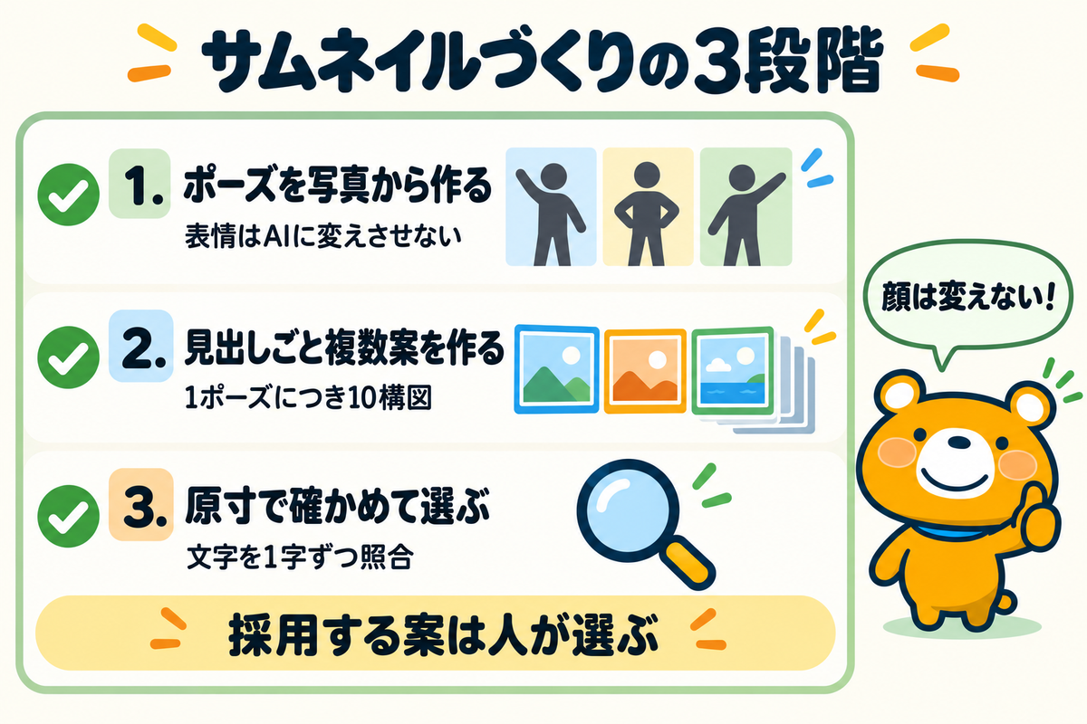 AIでYouTubeのサムネイルを作る3段階を整理した図解