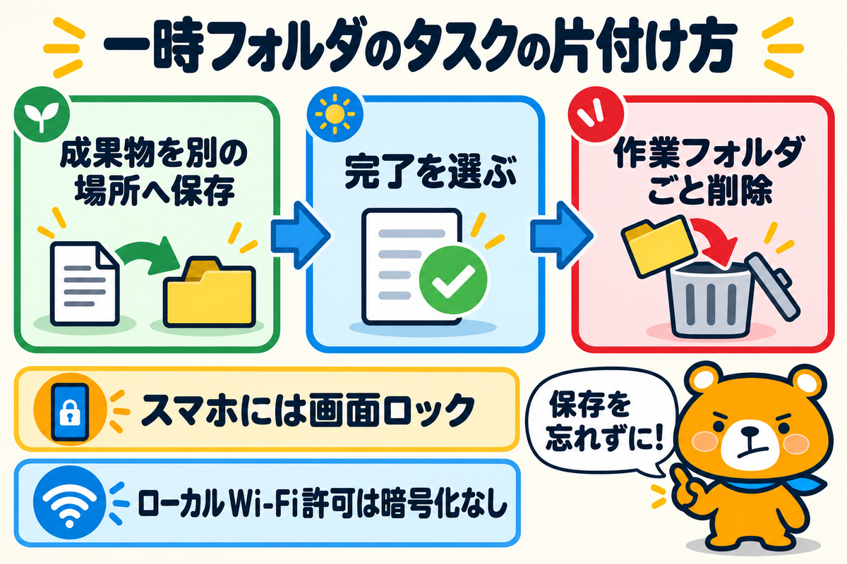 一時フォルダのタスクを完了するときの流れ