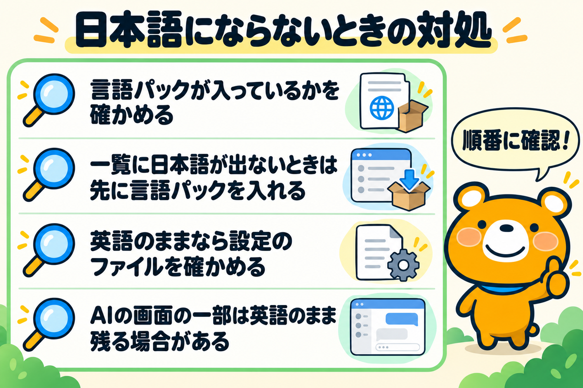 Cursorが日本語にならないときの対処4つを示す図解