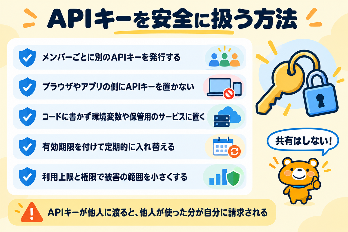 OpenAIのAPIキーを安全に扱う5つの方法を示す図解