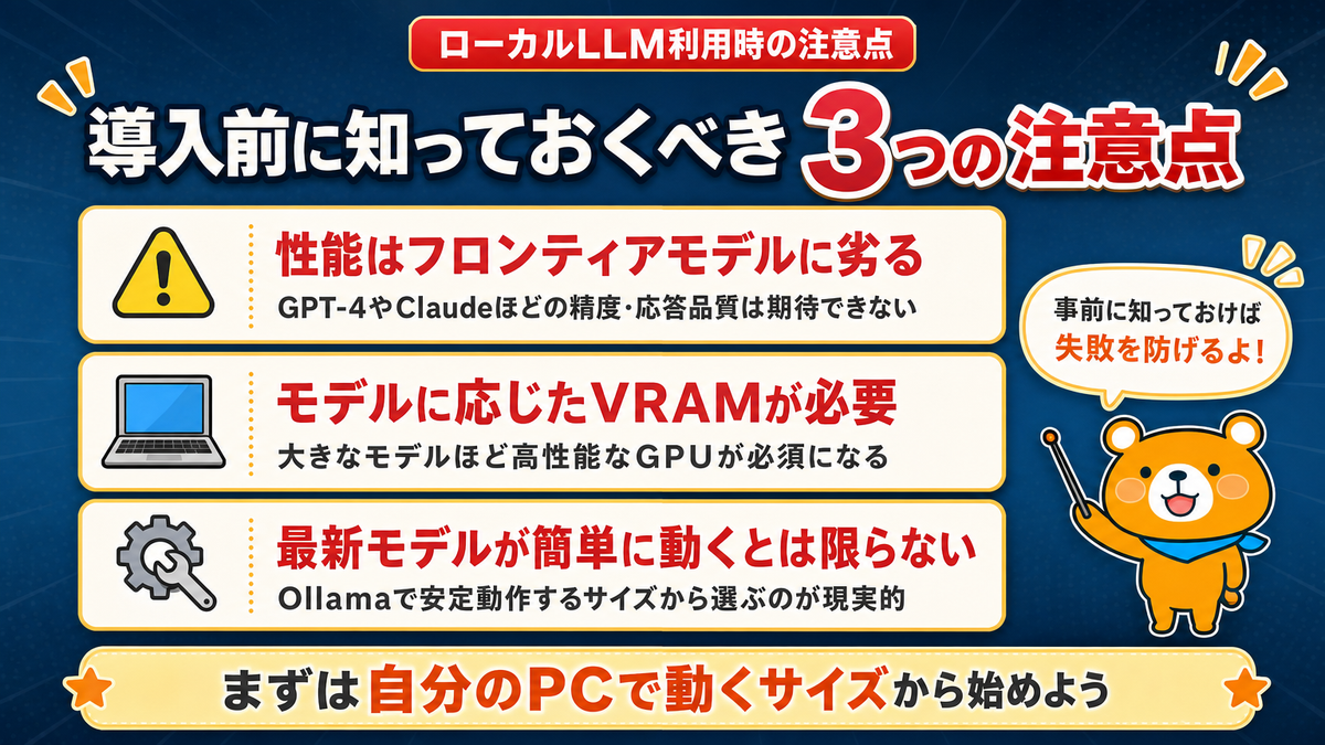 ローカルLLM利用時の注意点を整理したスライド