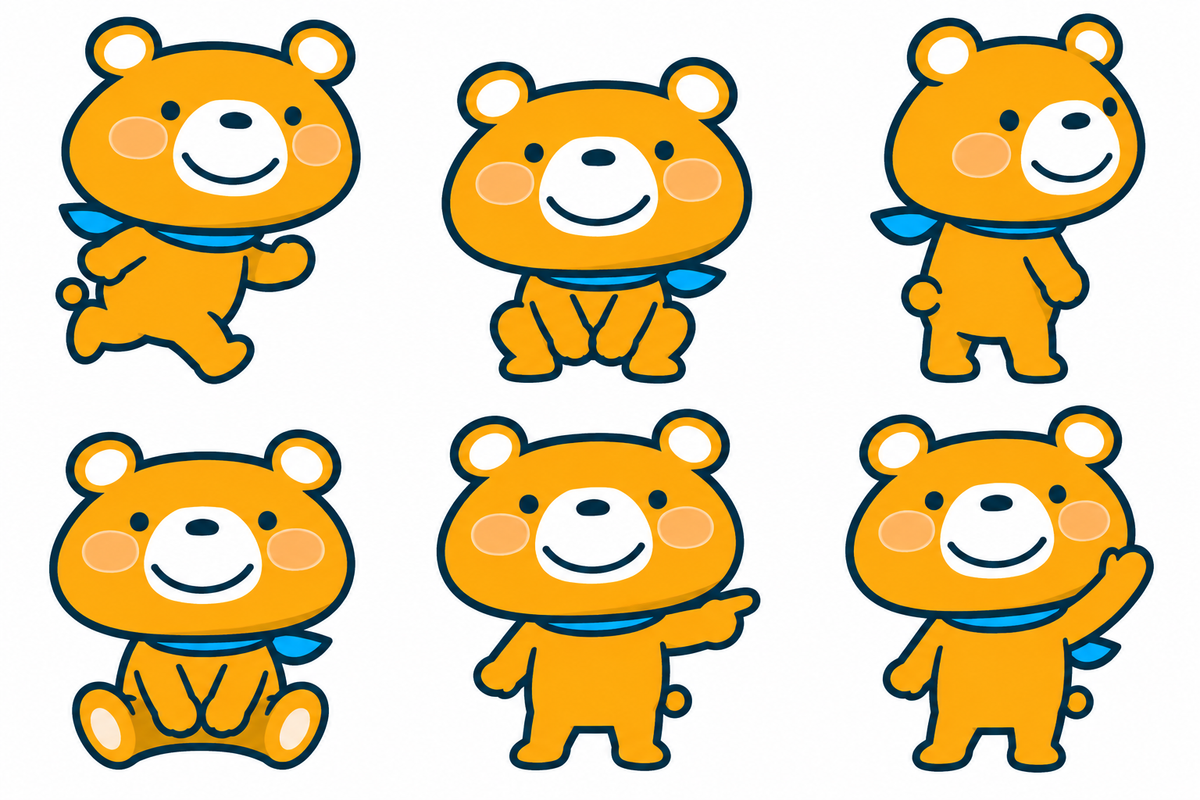 同じキャラクターに走る、しゃがむ、振り返る、座る、指差す、手を振るの6種類のポーズを依頼した生成結果