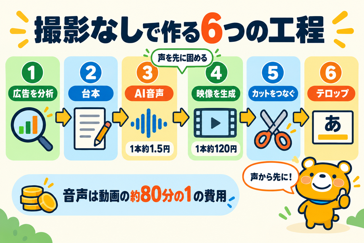 AIだけでショート動画広告を作る6つの工程と費用の図解