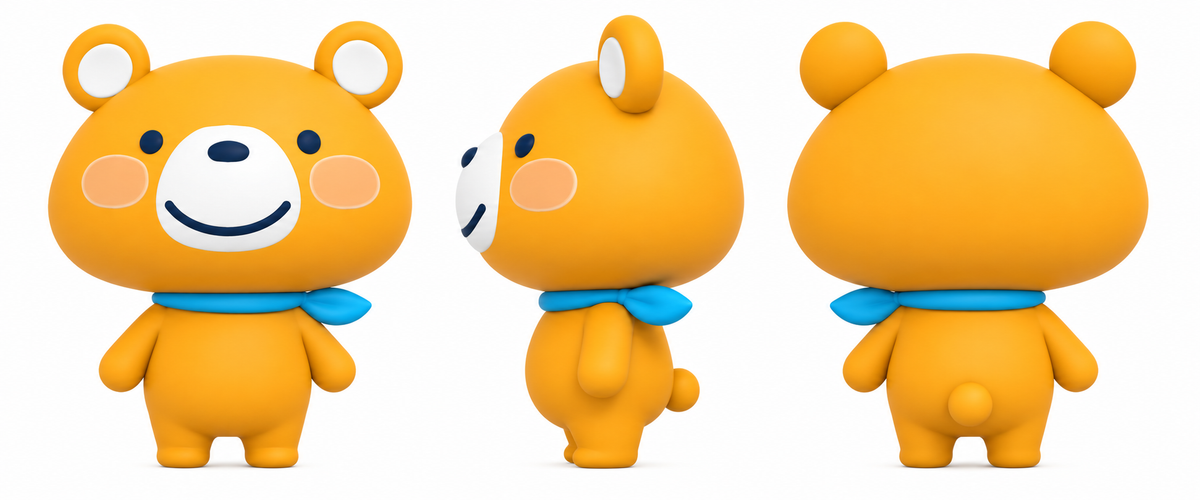同じキャラクターの正面・側面・背面を並べた三面図の生成結果。編集可能な3Dモデルではなく画像