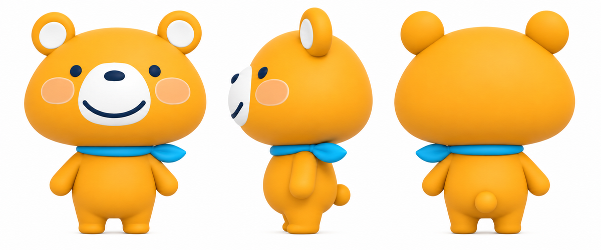 同じキャラクターの正面・側面・背面を並べた三面図の生成結果。編集可能な3Dモデルではなく画像