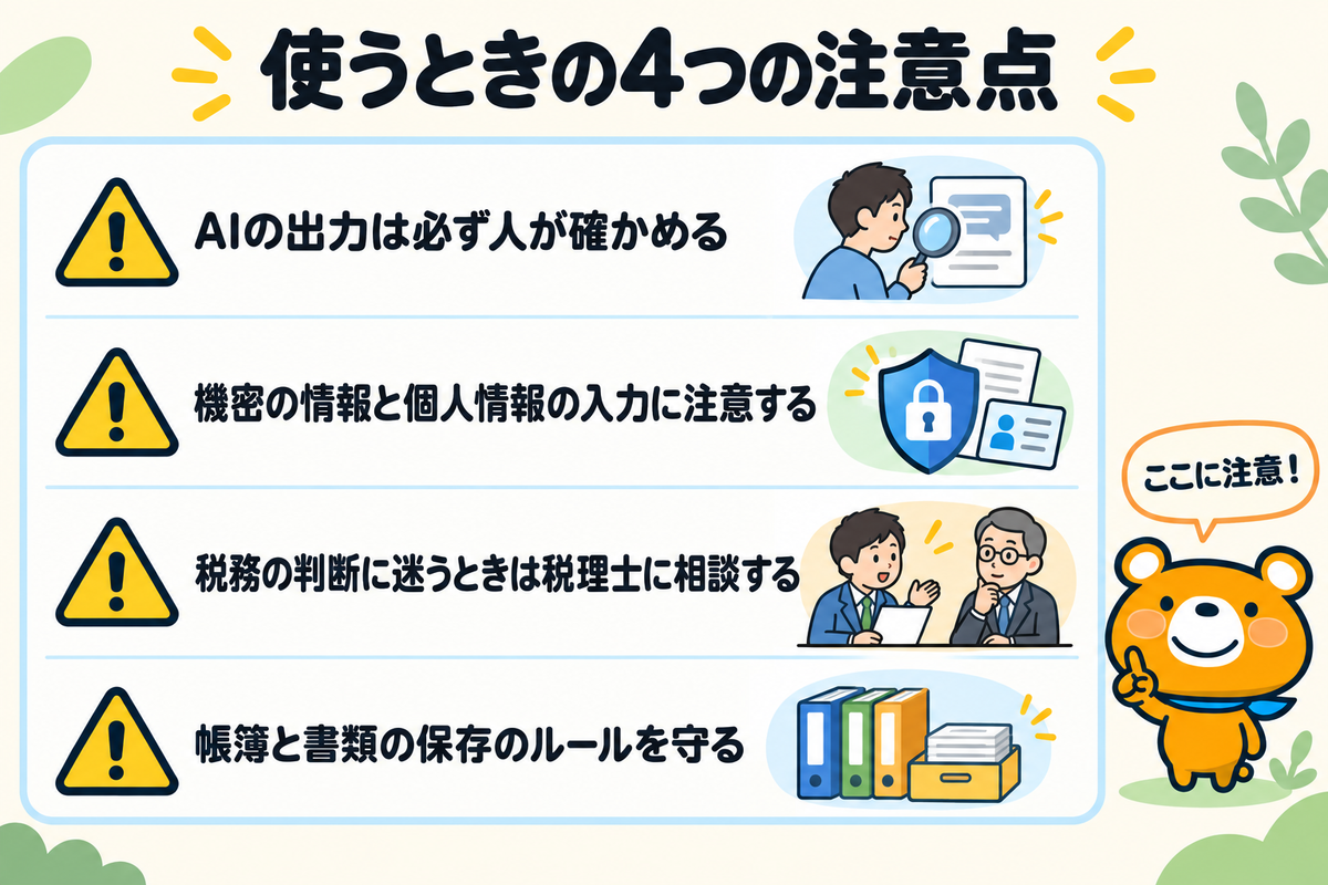 経理でAIを使うときの注意点4つを示す図解