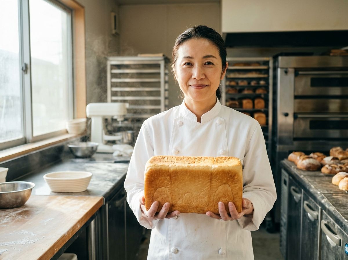 Nano Banana 2.1が作ったパン屋の厨房で食パンを持つ女性のパン職人の画像