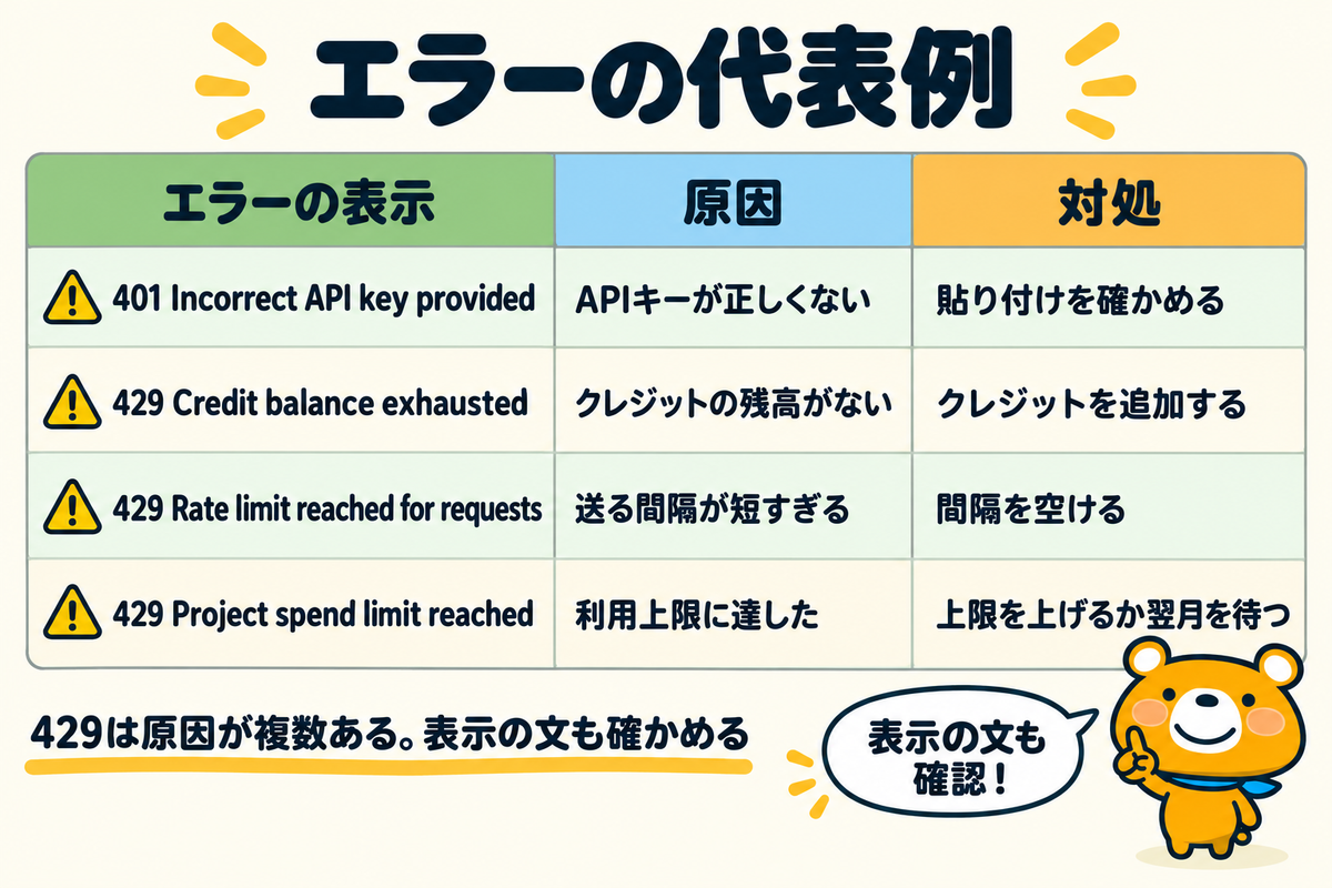 OpenAIのAPIキーで起こる代表的なエラーを示す図解