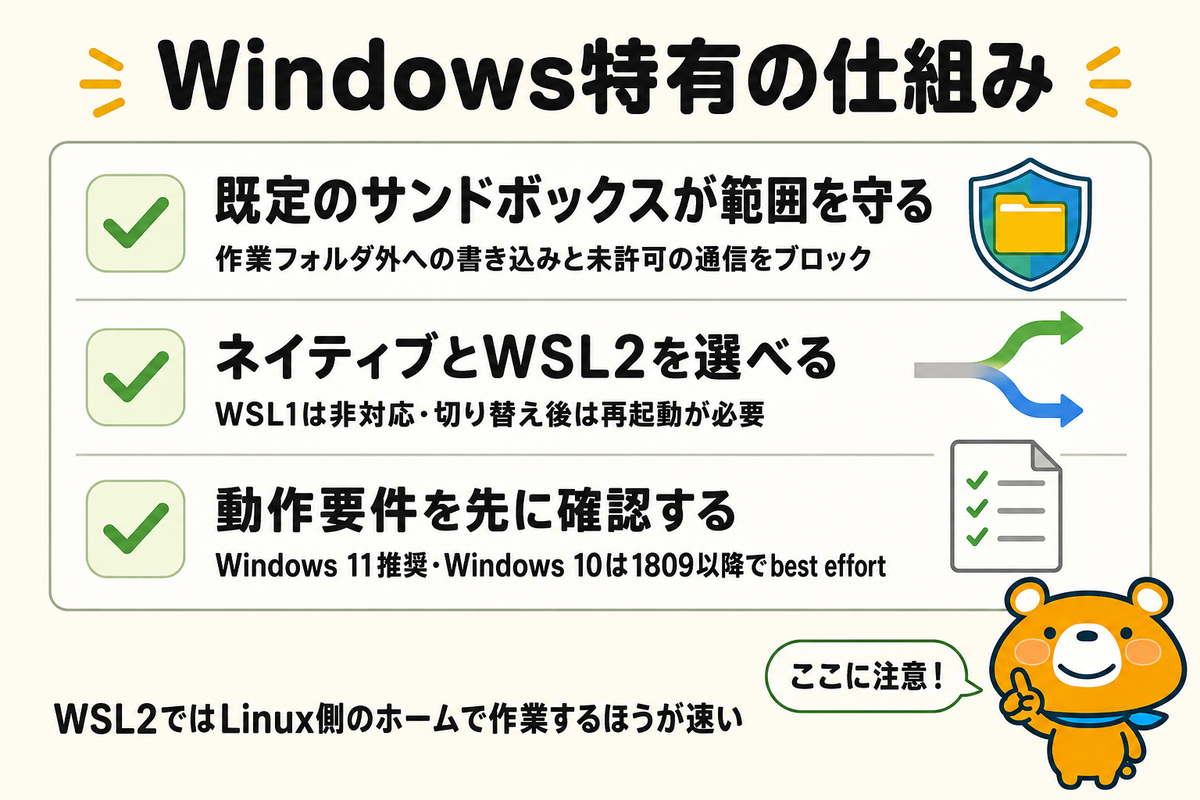 Windows特有のサンドボックスと実行環境を並べた図解