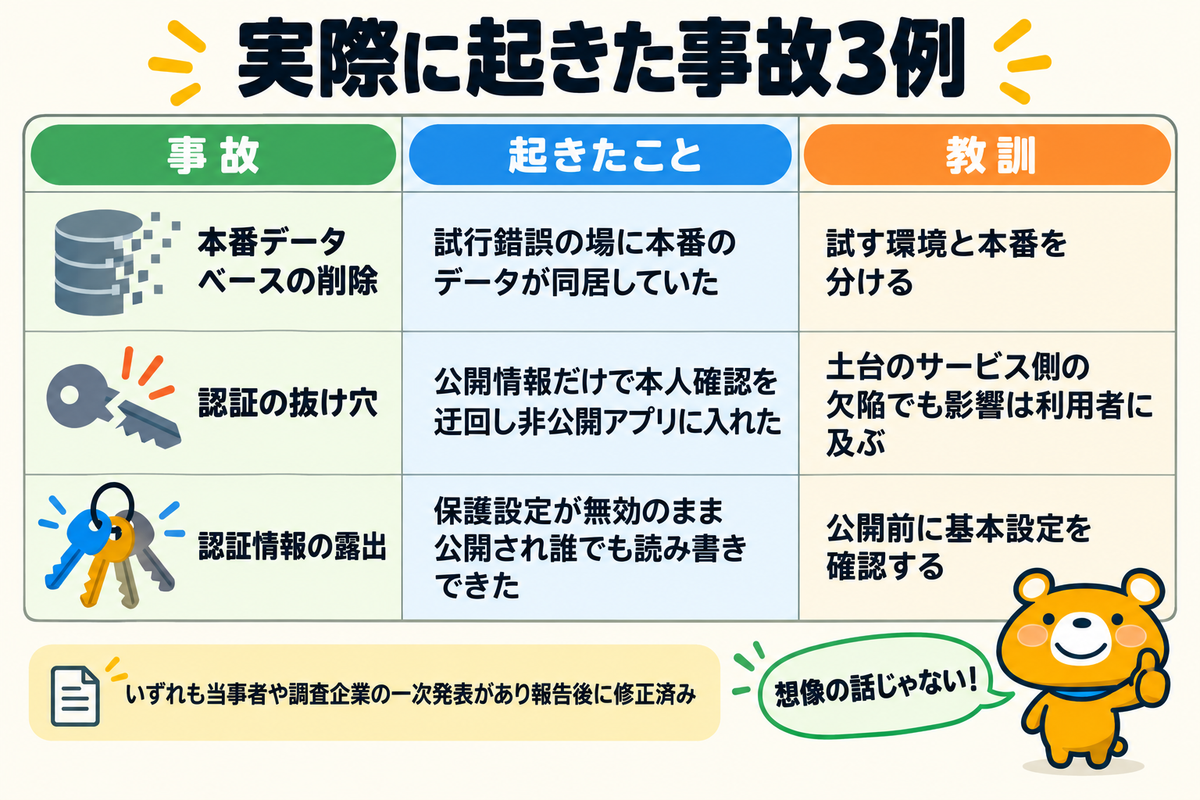 実際に起きた3つの事故を示す図解