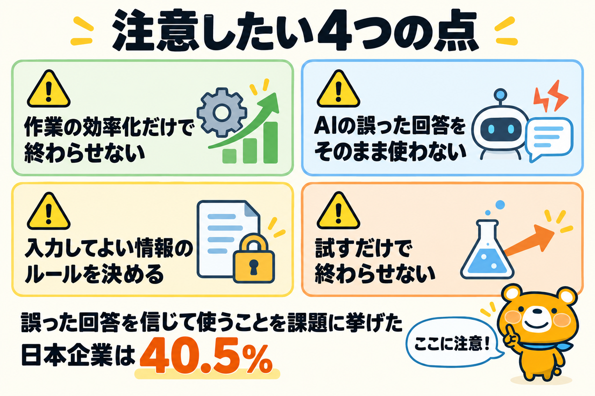 AIを活用したDXで注意したい点4つを示す図解