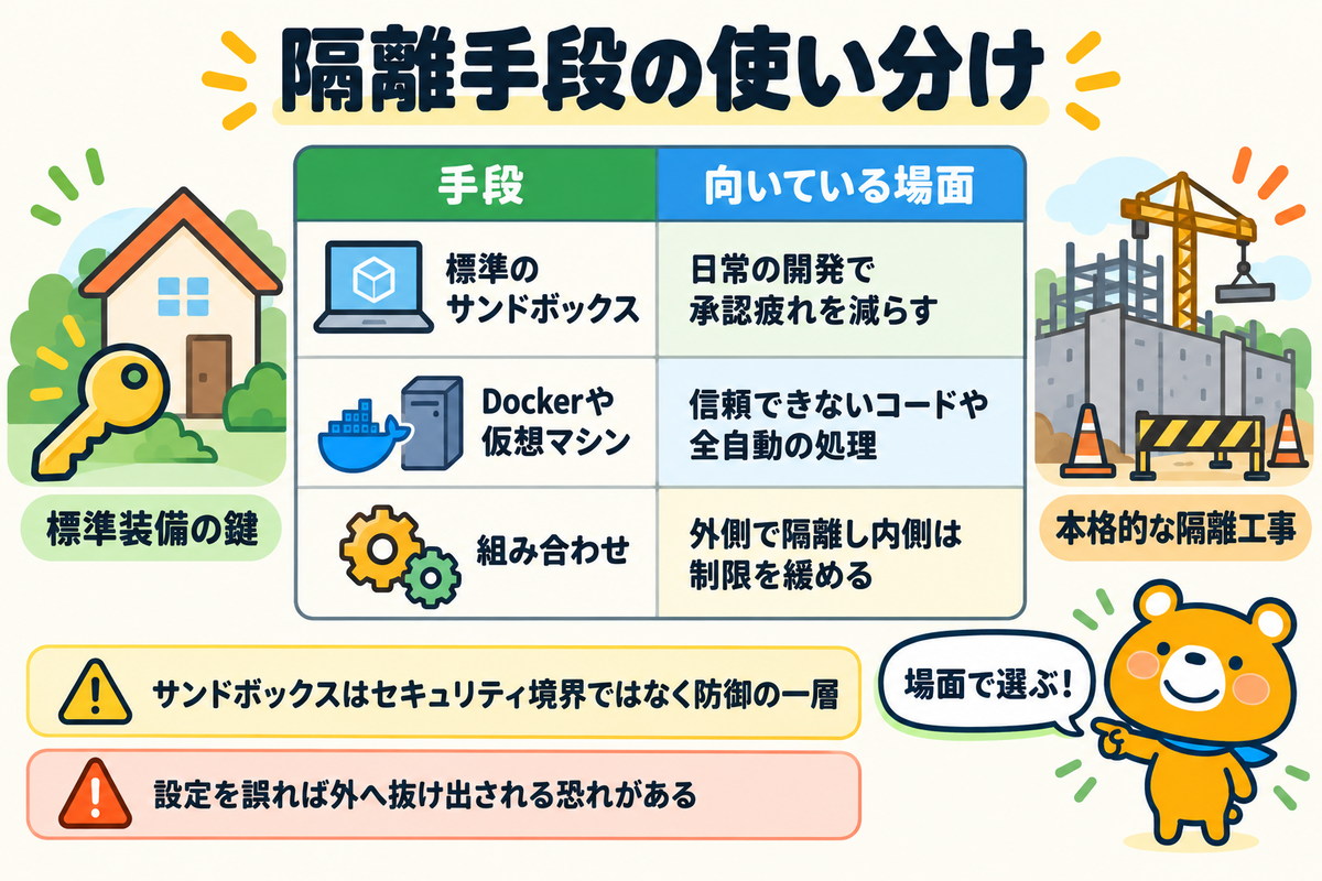 サンドボックスとDockerや仮想マシンの使い分けを示す図解