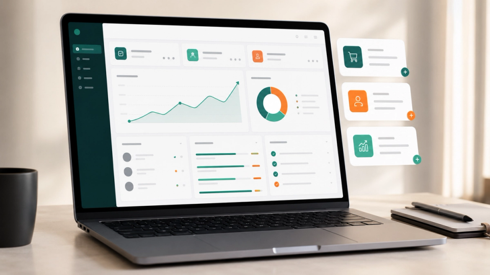 Interface de um software exibida em um notebook, com painéis, gráficos e módulos organizados, representando um sistema moderno, escalável e preparado para acompanhar o crescimento de uma empresa.