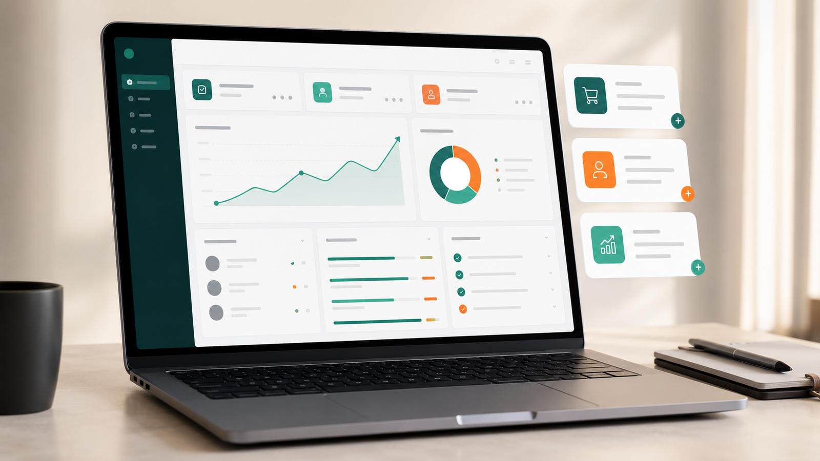 Interface de um software exibida em um notebook, com painéis, gráficos e módulos organizados, representando um sistema moderno, escalável e preparado para acompanhar o crescimento de uma empresa.