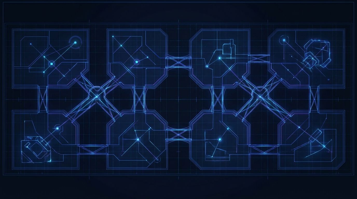 Ilustração de um mapa de domínio com contextos delimitados, conceitos conectados e fronteiras claras em tons de azul.
