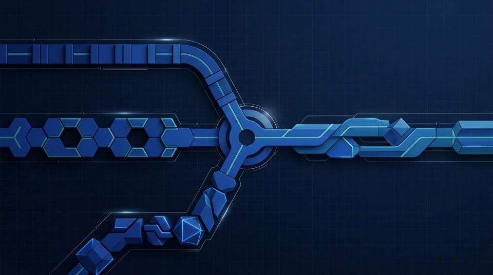 Ilustração de três caminhos de software — compra, adaptação e desenvolvimento sob medida — convergindo em um fluxo de trabalho.