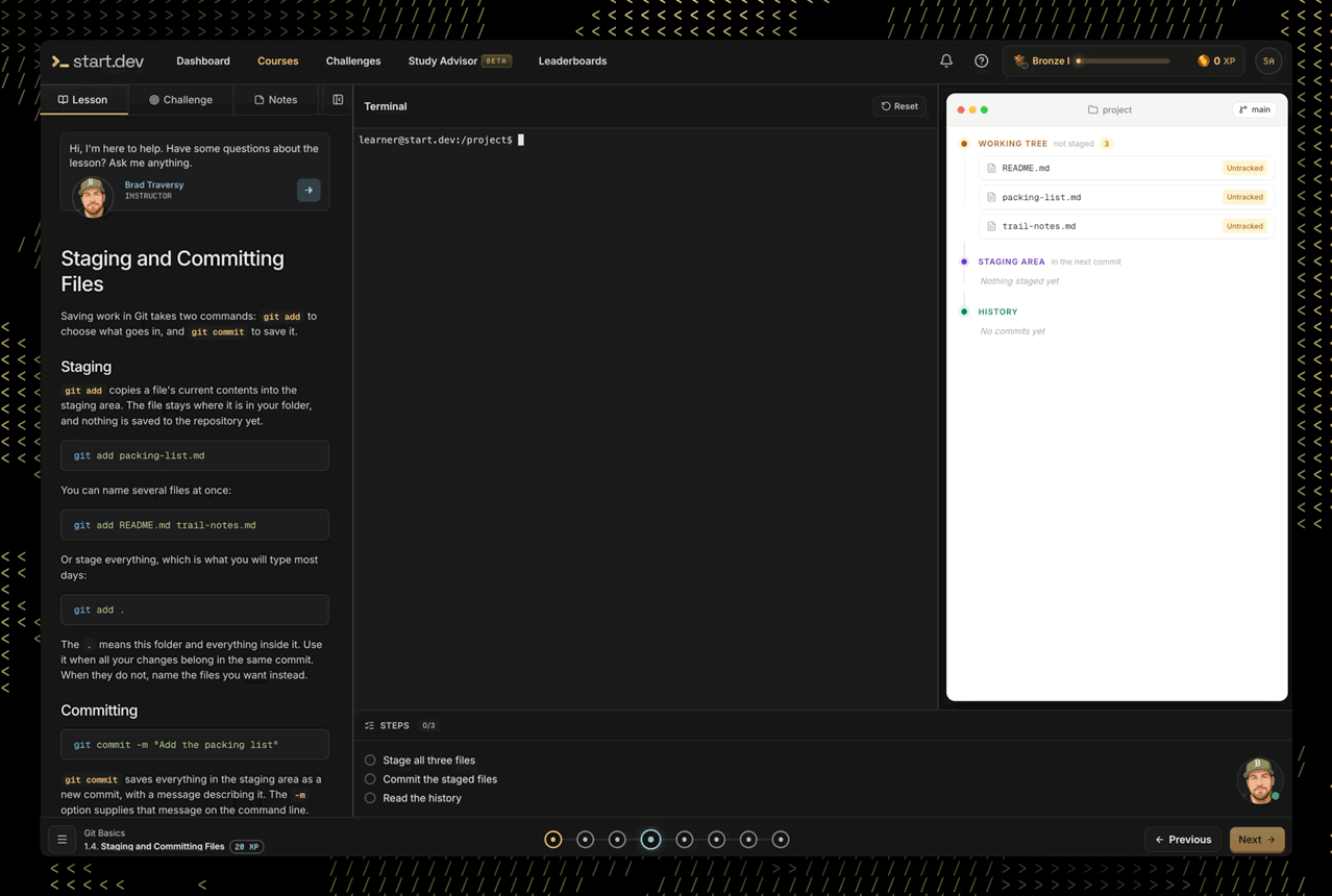 The Git Basics lesson on Start.dev: as commands like git add and git commit run in the terminal, the working tree, staging area and history update live beside it