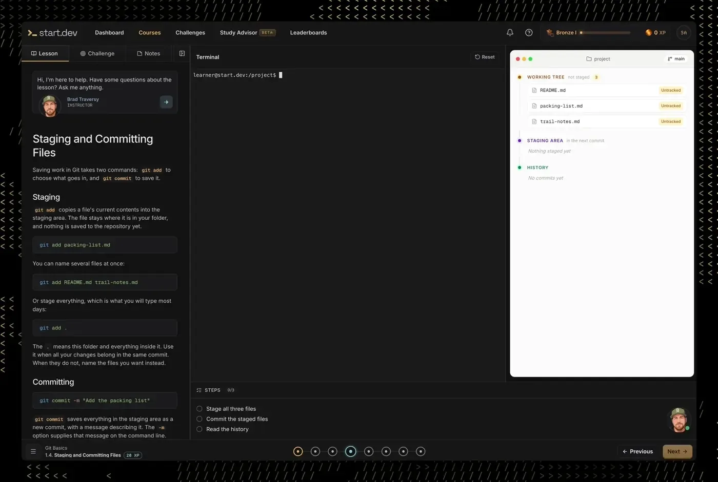 The Start.dev Git course in the browser: typing git add and git commit in a terminal while the working tree, staging area and history panel updates live
