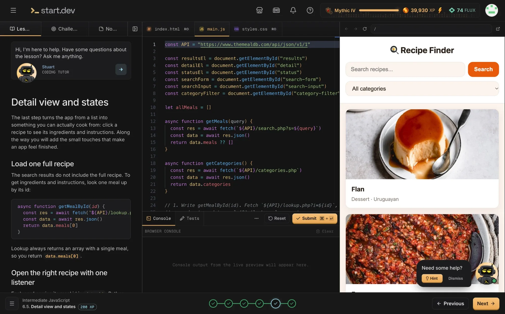 The Start.dev lesson workspace: the lesson on the left, your code in the middle, a live preview of the Recipe Finder app on the right, and Stuart ready to help