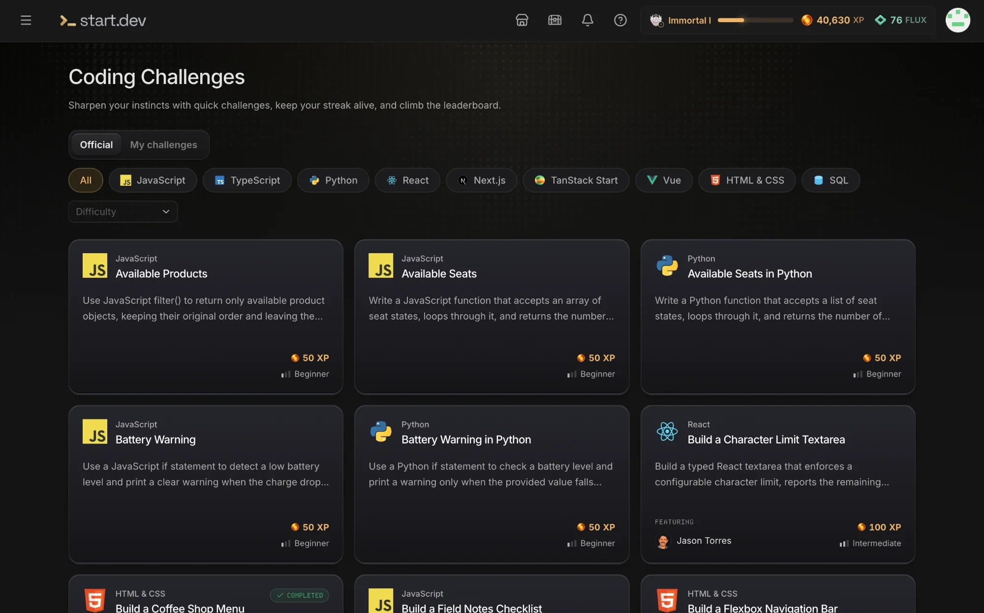 The Start.dev coding challenges page: challenges across JavaScript, Python, React and more, each showing its XP reward and difficulty level