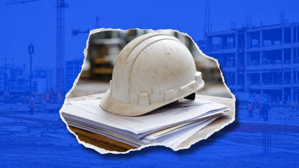 Hard hat resting on a stack of construction contract documents