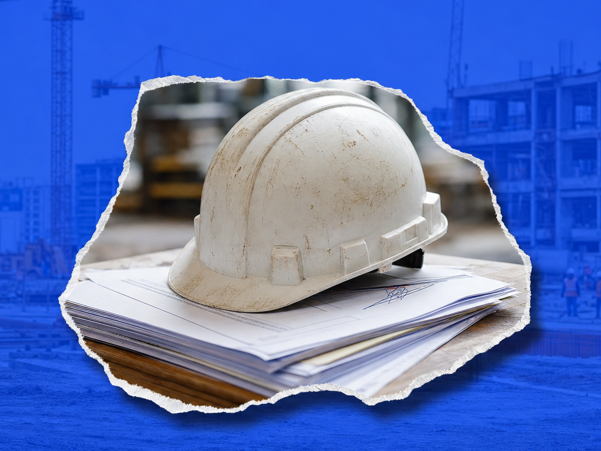 Hard hat resting on a stack of construction contract documents