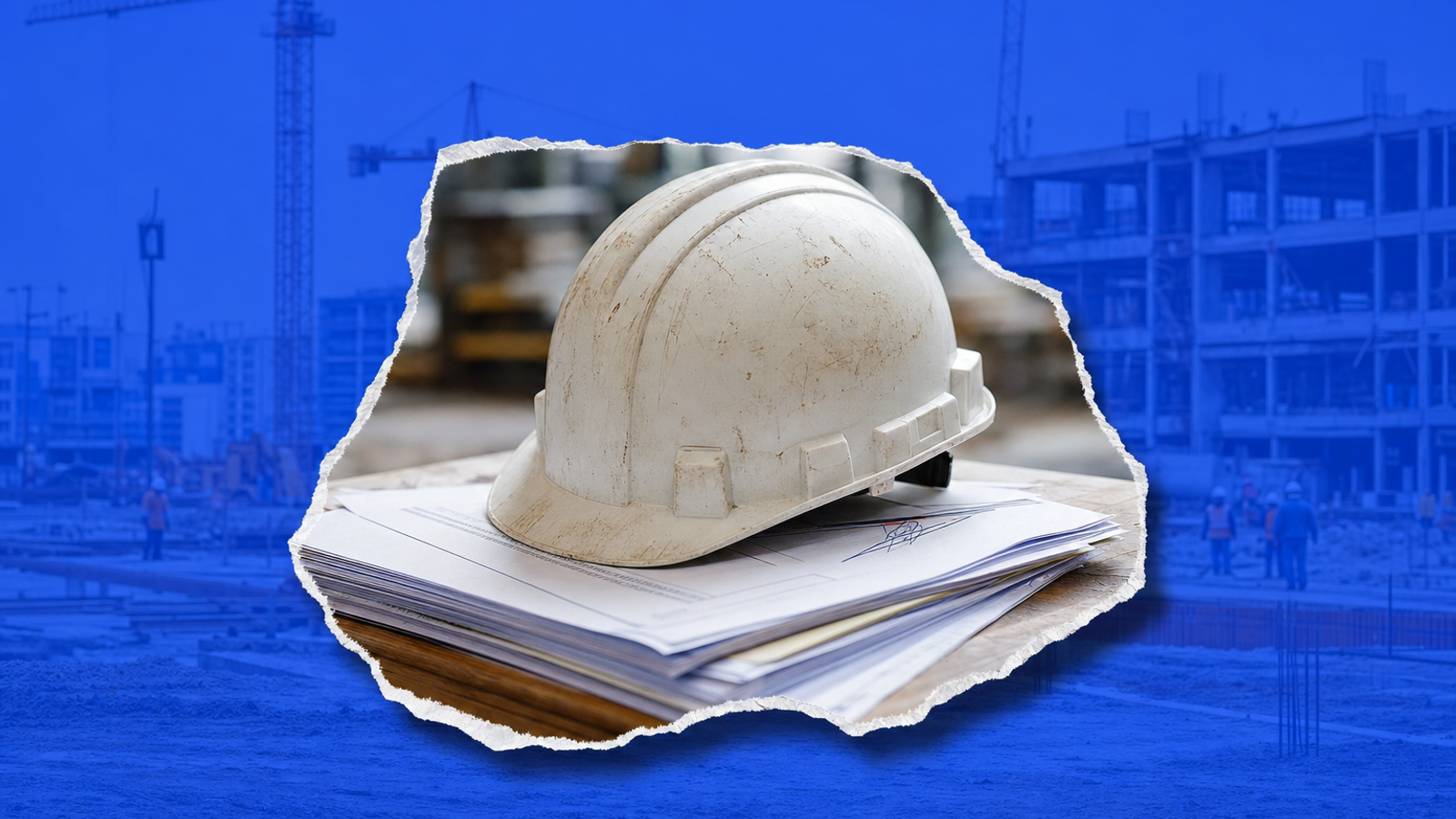 Hard hat resting on a stack of construction contract documents