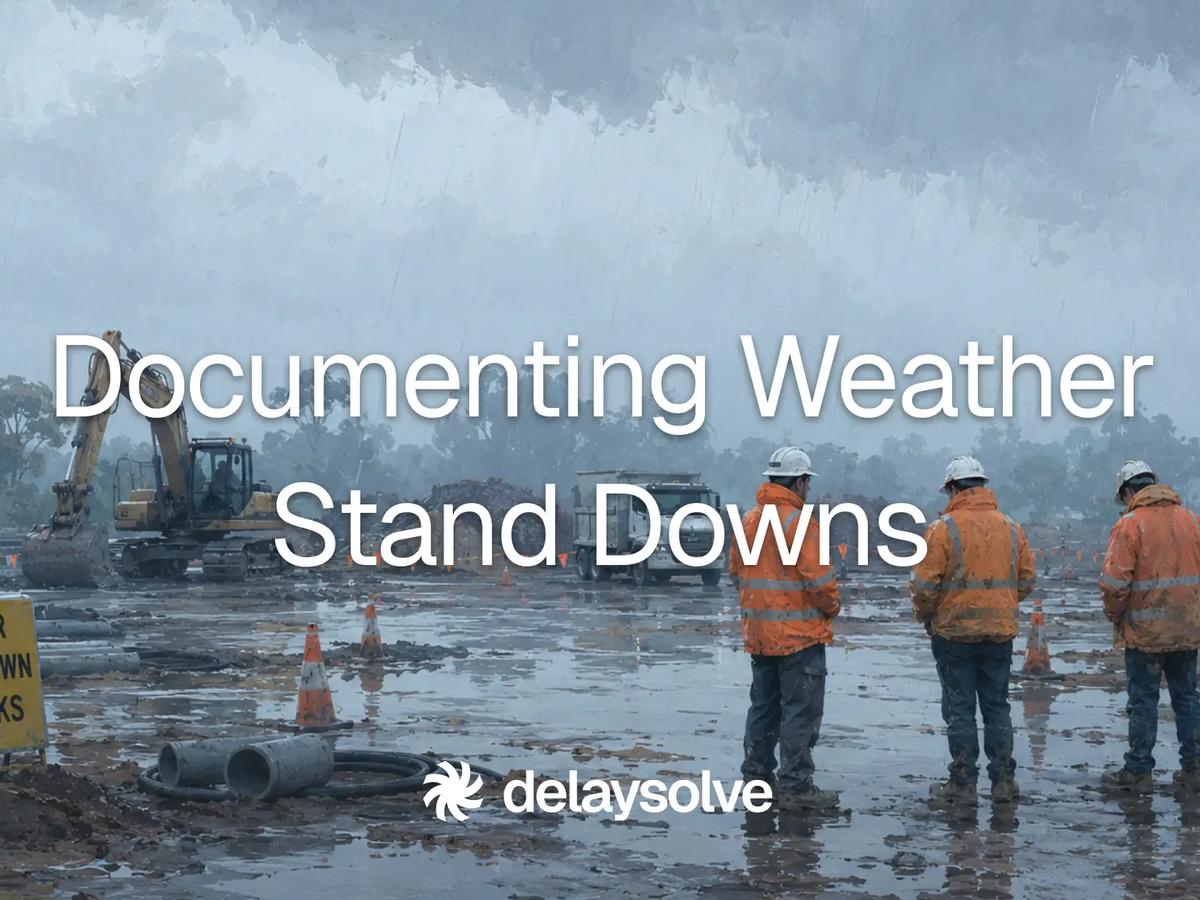 Wet civil construction site with crew in weather gear during a disruptive weather window