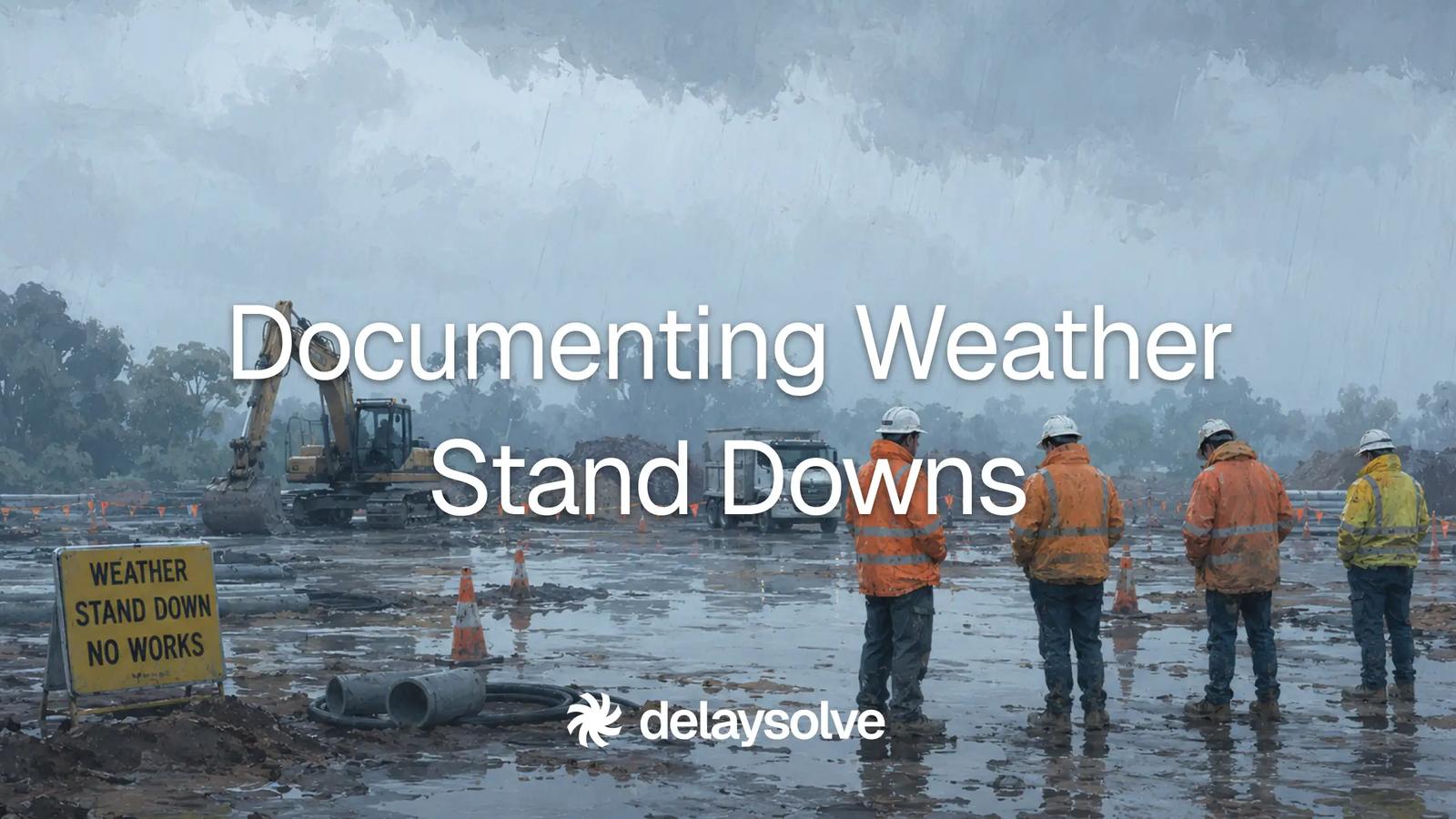 Wet civil construction site with crew in weather gear during a disruptive weather window