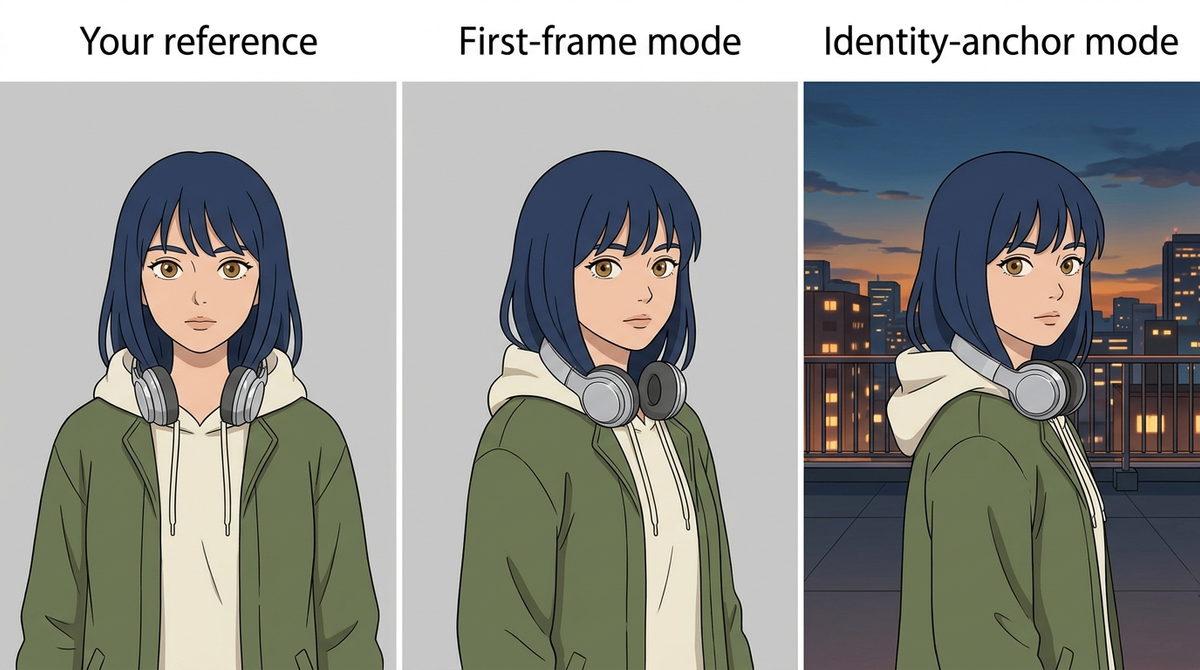 Comparing reference, with first frame and identity-anchor modes side by side