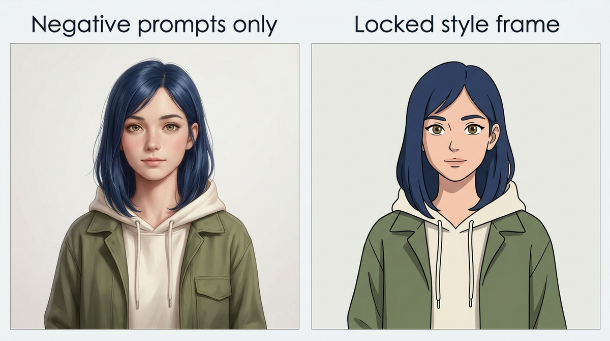 Comparison of output that used negative prompts only and the one that used locked style frame