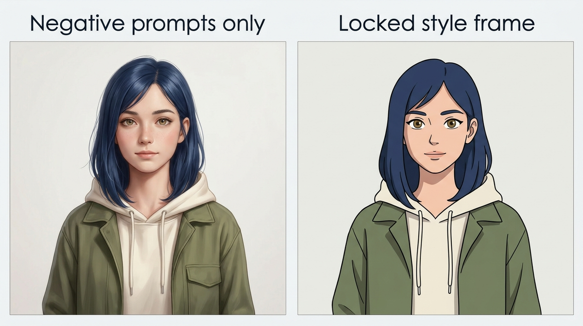 Comparison of output that used negative prompts only and the one that used locked style frame