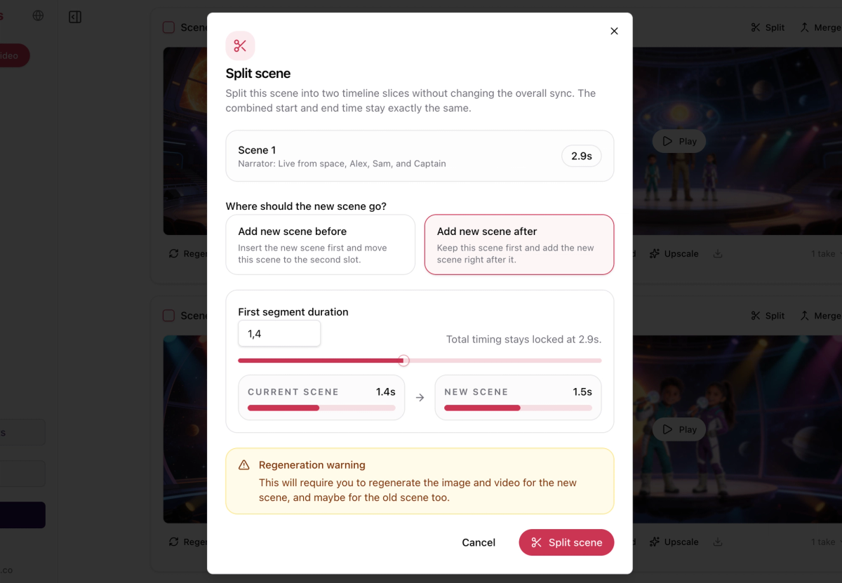 Longstories split scene edit feature