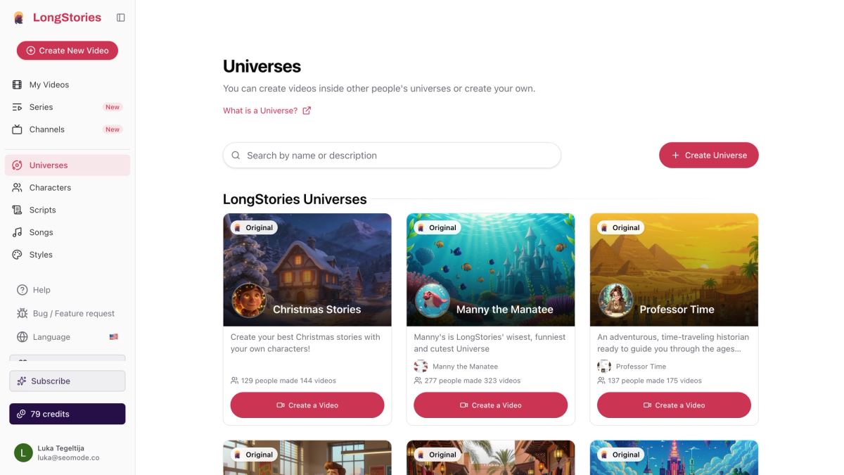 An image showing the Universe feature of Longstories from inside the app