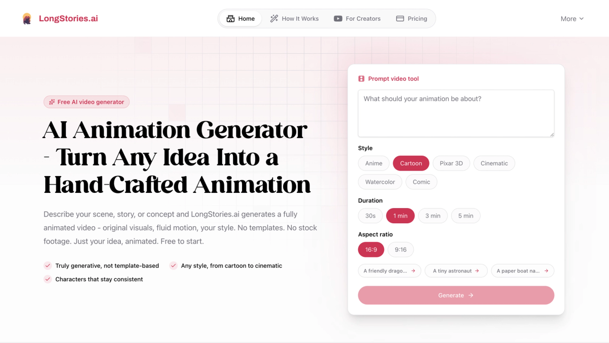 Longstories AI Animation generator