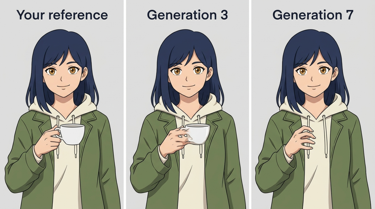 3 images explaining prop fusion between 7 different generation and how character changes with each one