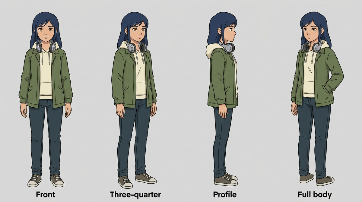 The example of how character sheet should look like from each angle