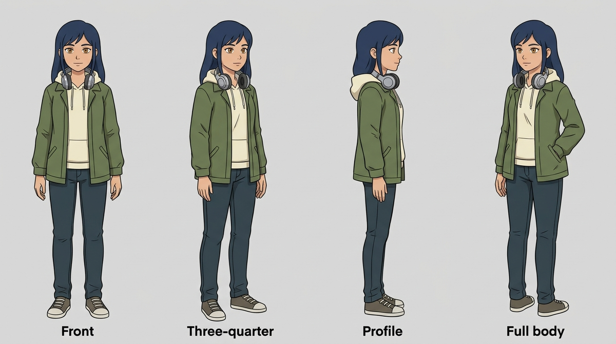 The example of how character sheet should look like from each angle