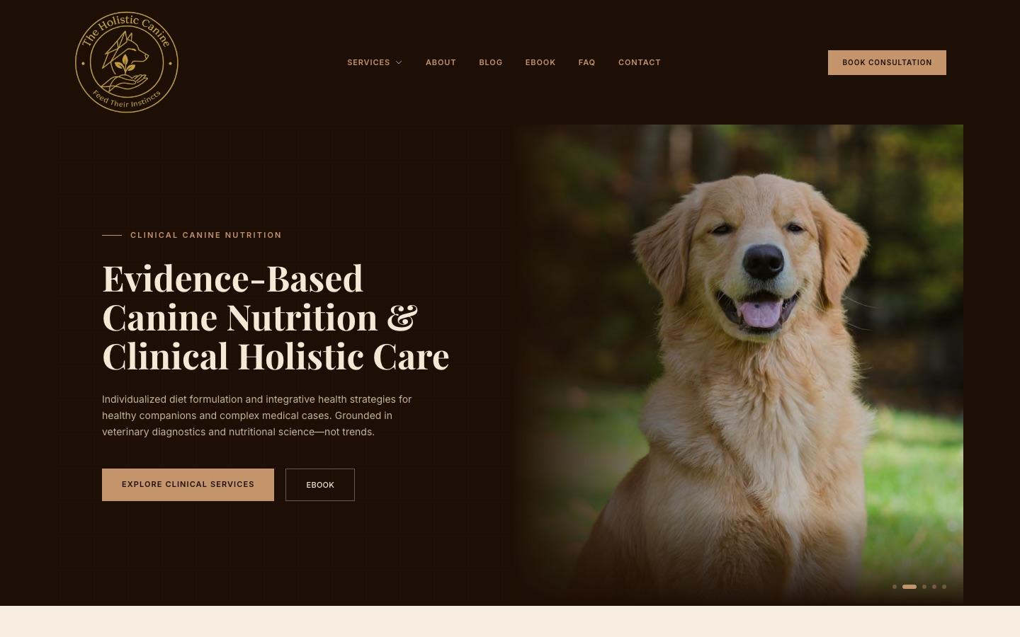 The Holistic Canine website homepage, designed by Faridi Marketing Group