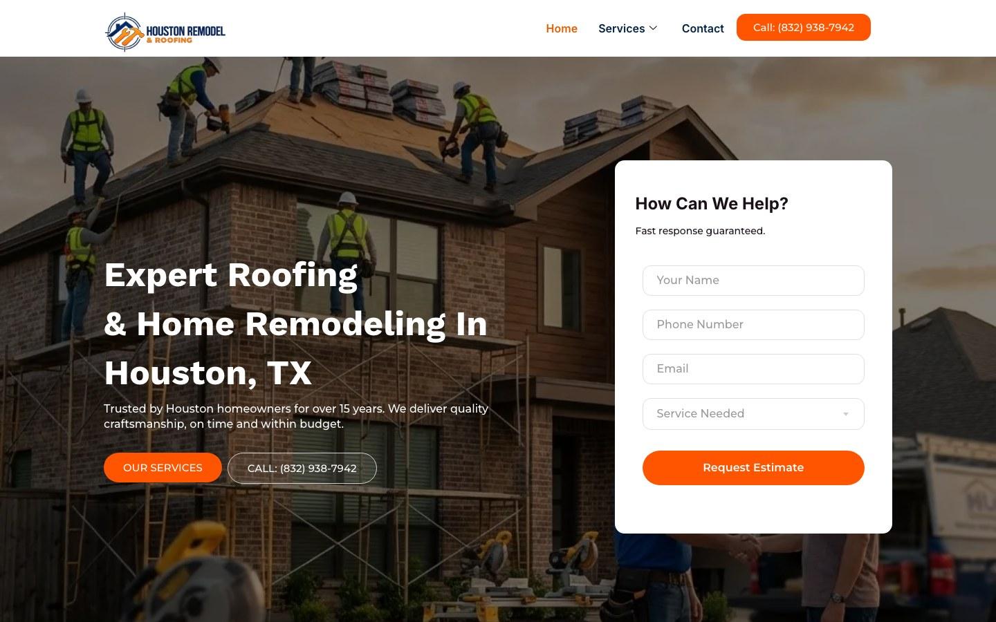 Houston Remodel & Roofing website homepage, designed by Faridi Marketing Group