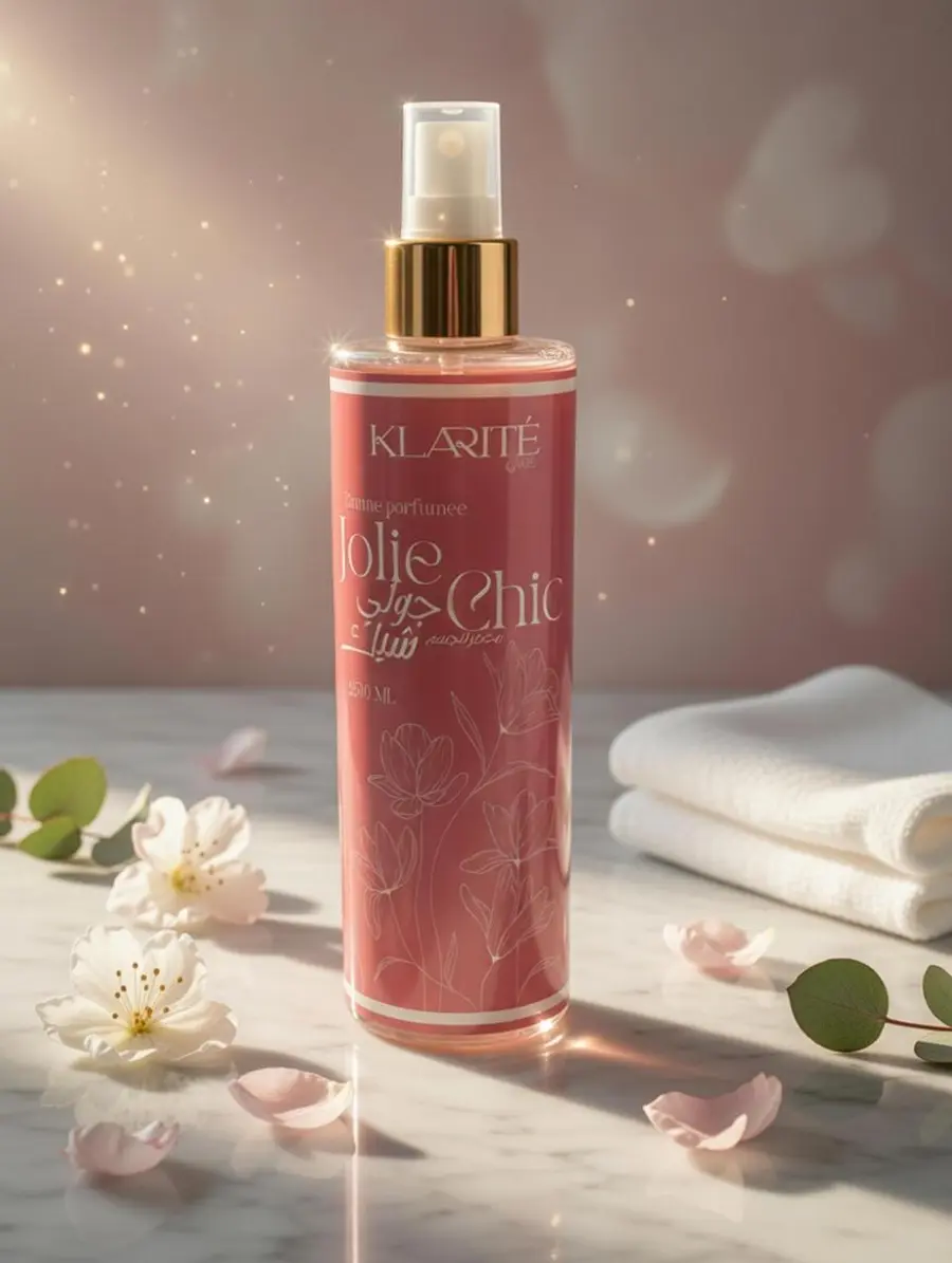 KLARITE Body Mist Jolie Chic bottle styled with petals on marble.