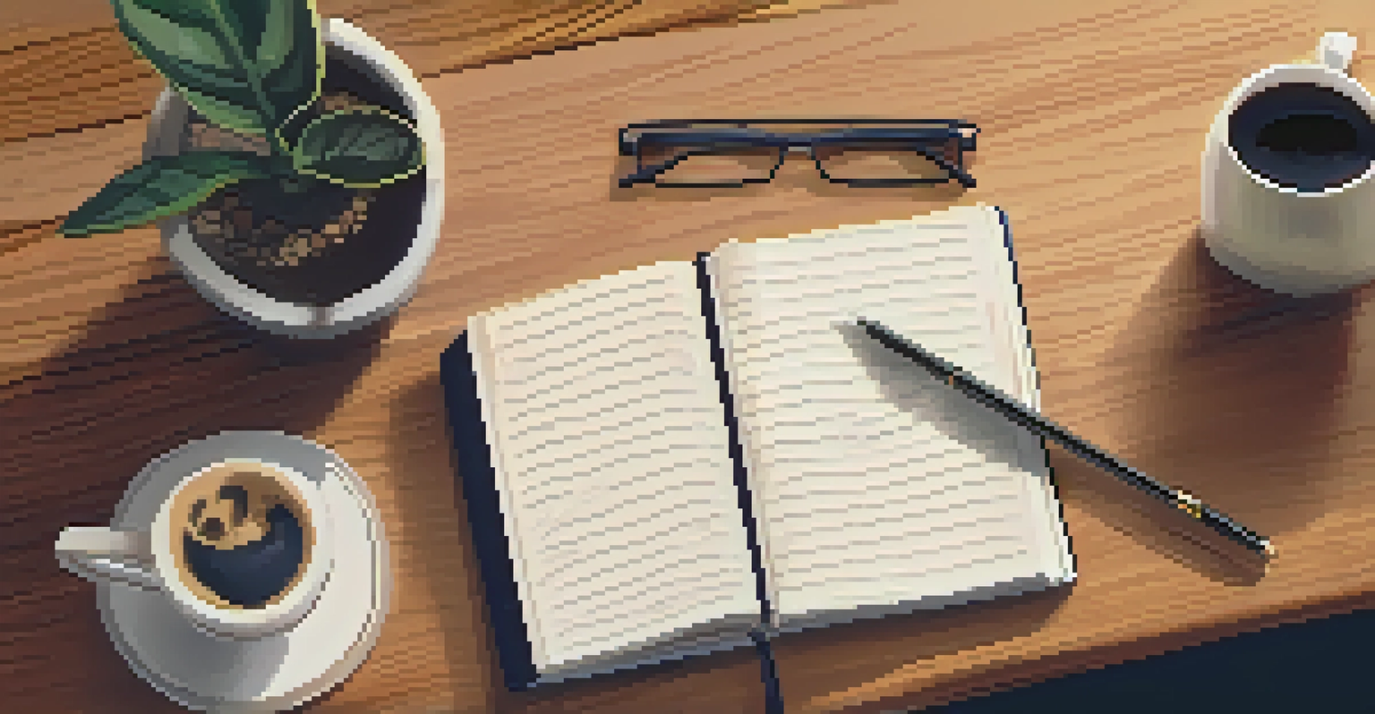 A hand writing goals in a notebook on a cozy home office desk.