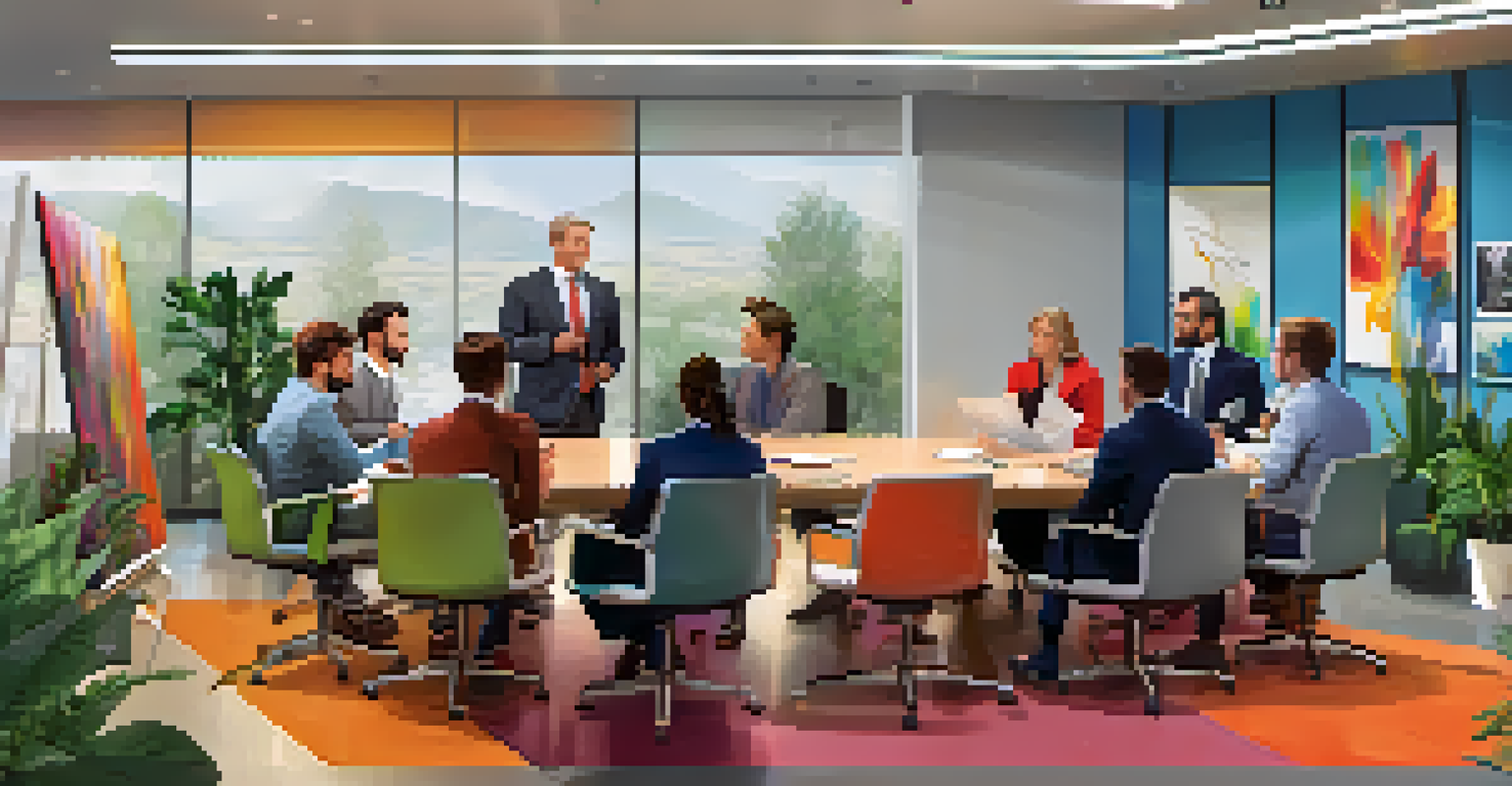 A leader passionately addressing a small team in a modern open workspace, with team members engaged and taking notes.