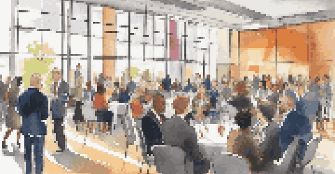 A lively college alumni networking event with diverse professionals talking and exchanging business cards in a bright conference hall.