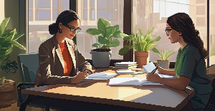 A mentor and a mentee in an office having a discussion, with natural light and a warm color palette.