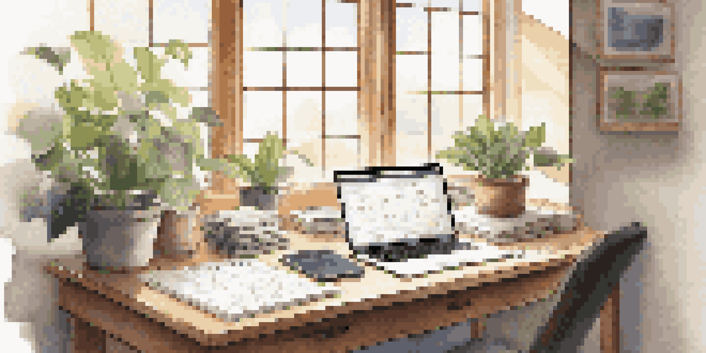 A cozy professional workspace featuring a wooden desk with an open laptop, notebooks, and a plant, illuminated by soft natural light.